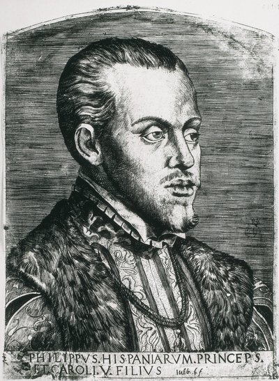 PHILIPS II van Spanje (1527-1598). Koning van Spanje (1556-1598) en Portugal (1580-1598). Portret van Philips nog als prins. Houtsnede. door Artist Unknown