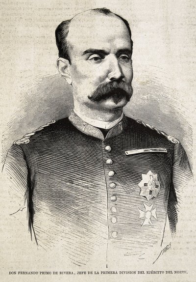 Fernando Primo de Rivera (1831-1921). Spaanse militair en politicus. Fernando Primo de Rivera, die vocht in de Derde Carlistenoorlog. Gravure. door Artist Unknown