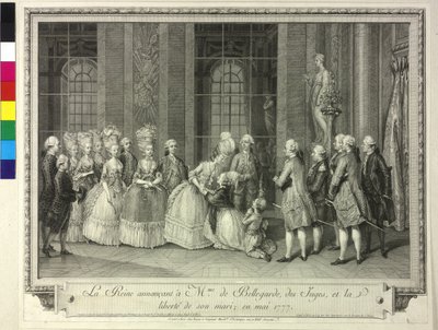 Koningin Marie Antoinette kondigt Madame de Bellegarde 1777 de vrijlating van haar echtgenoot aan door Artist Unknown