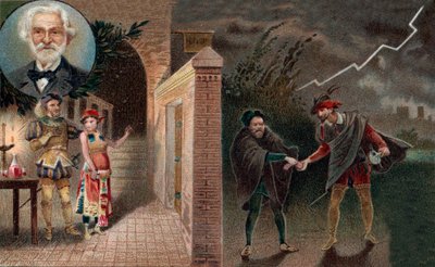 Rigoletto zet Sparafucile in om hertog te vermoorden - Act 3 scène 4 uit de opera Rigoletto van Giuseppe Verdi door Artist Unknown