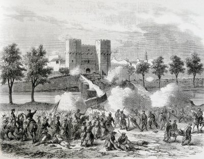 Spanje (1868). Glorieuze Revolutie. Aanval van de regeringstroepen bij de Serrans-poort in Valencia. Gravure uit 