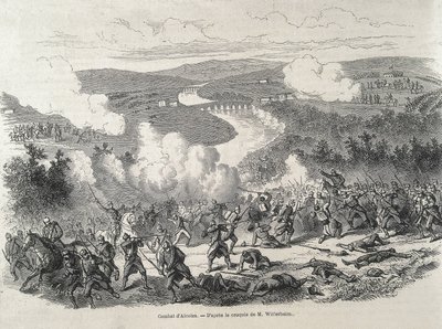 Spanje. Revolutie van 1868. Slag bij Alcolea (20 september), die culmineerde in de afzetting van Isabel II. Gravure door Artist Unknown
