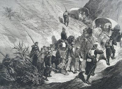Spanje. Derde Carlistenoorlog. Carlistische gevangenen die door de bergen in Emporda (Catalonië) lopen. Gravure. door Artist Unknown