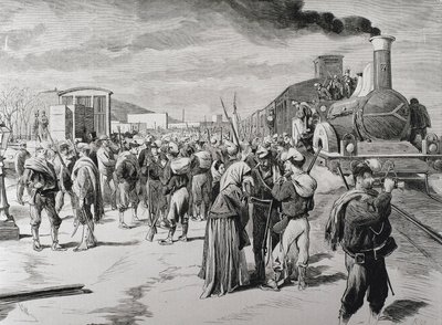 Spanje. Derde Carlistenoorlog. Vertrek van een bataljon vrije korpsen tegen de Carlisten uit Barcelona. Afbeelding uit 