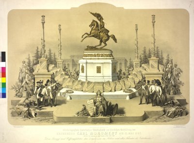 Symbolisch grafisch historisch tableau ter gelegenheid van de plechtige onthulling van het aartshertog Carl-monument op 22 mei 1860 door Artist Unknown