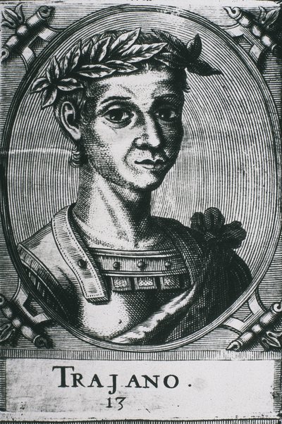 TRAJANUS, Marcus Ulpius Traianus (53-117). Portret van Trajanus met lauweren. Detail van de originele gravure door Artist Unknown