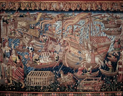 De Portugese navigator Vasco de Gama (1459-1524) kwam in 1498 aan in Calicut in India, detail, wandtapijt door Artist Unknown