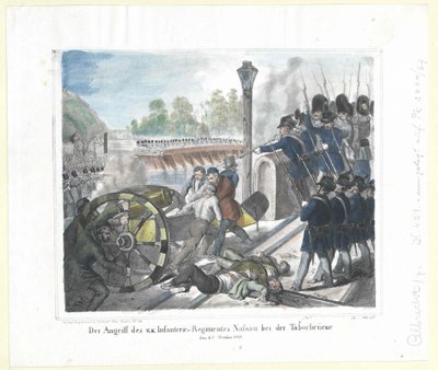 De aanval van het k. k. Infanterieregiment Nassau bij de Taborbrücke op 6 oktober 1848 door Artist Unknown