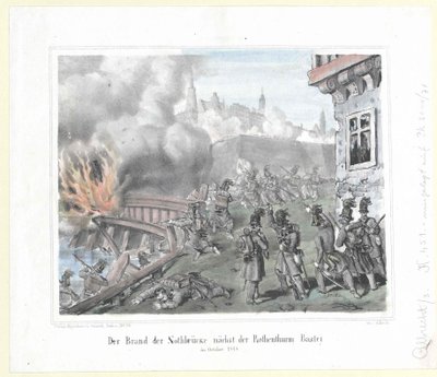 De brand van de Nothbrücke bij de Rothenthurm bastion in oktober 1848 door Artist Unknown