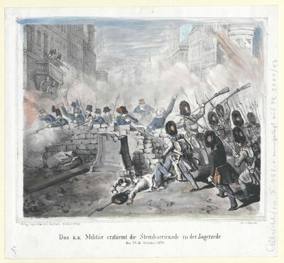 Het k. k. leger bestormt de Sternbarrikade in de Jaegerzeile op 28 oktober 1848 door Artist Unknown
