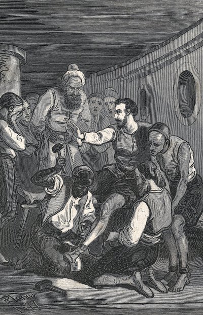 Trinidadianen Fray Juan Gil en Fray Anton de la Bella bevrijdden Cervantes uit gevangenschap in Algiers in 1580 (gravure) door Artist Unknown