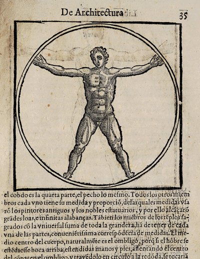 VITRUVIUS, Marcus Vitrubius Pollio (1e eeuw v.Chr.). "De Architectura", met vertaling in het Spaans door Miguel de Urrea. Uitgegeven in Alcala de Henares door Juan Gracian (1582). Illustratie van pagina 35 met het menselijk lichaam canon. Houtsnede door Artist Unknown