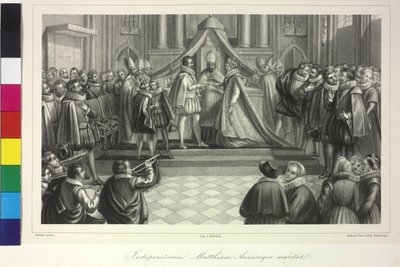 Huwelijk van koning Matthias I met aartshertogin Anna door kardinaal Franz van Dietrichstein op 4 december 1611 door Artist Unknown