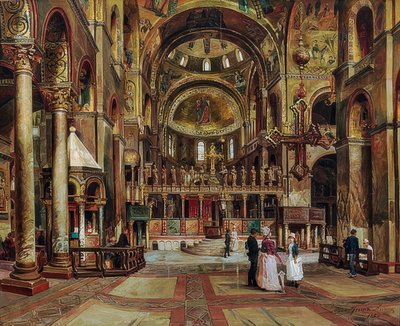 Binnen in de Basilica di San Marco, Venetië door Arturo Ferrari