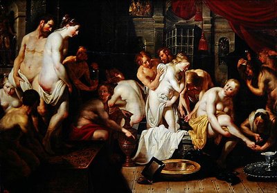 Esther in het vrouwenverblijf van Ahasveros door Artus Wolfaerts or Wolffort