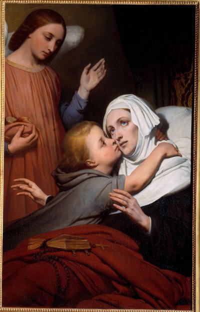 Het liefdadige kind, een jong kind geeft een kus aan een zieke vrouw door Ary Scheffer