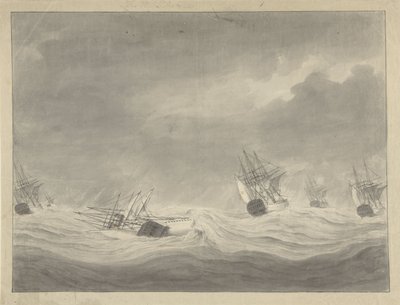 Het vergaan van het schip De Unie onder kapitein Graaf van Welderen op de Noordzee, 19 oktober 1782 door Ary van Wanum