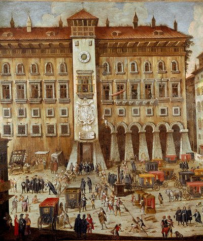 Piazza van het Vicaria Hof in Napels ten tijde van de revolutie van Masaniello. Criminelen worden berecht voor de ingang, een man hangt aan een touw (detail) door Ascanio Luciani