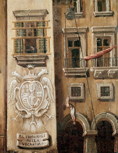 Plein van het hof van de Vicaria in Napels ten tijde van de revolutie van Masaniello - Detail van een man die voor de ingang van het paleis hangt - Schilderij door Ascanio Luciani (ca. 1621-1706) Napels, Museo Nazionale di San Martino door Ascanio Luciani