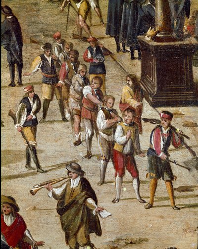 Plek van het hof van de Vicaria in Napels ten tijde van de revolutie van Masaniello Detail met een groep veroordeelden geketend aan de nek door Ascanio Luciani
