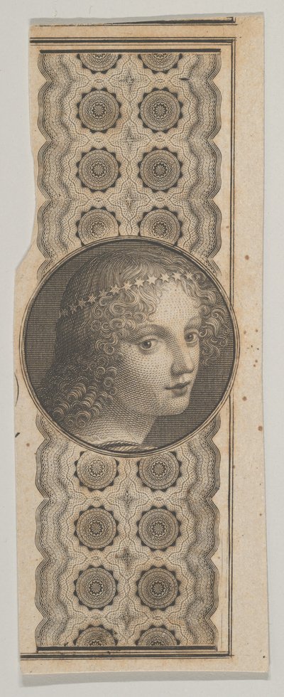 Bankbiljetmotief met een meisjeshoofd afgeleid van Leonardo da Vinci tegen een patroon, ca. 1824-37 door Asher Brown Durand.