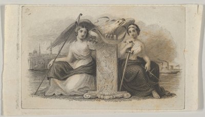 Bankbiljet vignet met vrouwelijke figuren die Vrijheid en Gerechtigheid vertegenwoordigen, ca. 1824-37 door Asher Brown Durand.