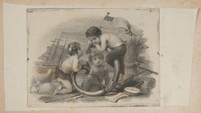 Bankbiljet vignet met drie putti als een herder, een boer en een zeeman, ca. 1824-37 door Asher Brown Durand.