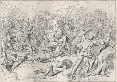Peloponnesische Oorlog: De Slag bij Potidea (La battaglia di Potidea) waar de Griekse filosoof Socrates zijn leven redde in Alcibiade. (Gravure d
