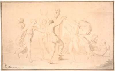 Bacchanaal. Een satyr, een bacchante en drie bacchanten dansen rond Priapusbeeld door Asmus Jacob Carstens