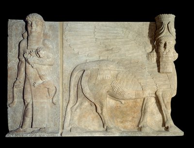 Binnenplaats van het paleis van de koning van Assyrië Sargon II: androcephalische stier met held die een leeuw beheerst door Assyrian