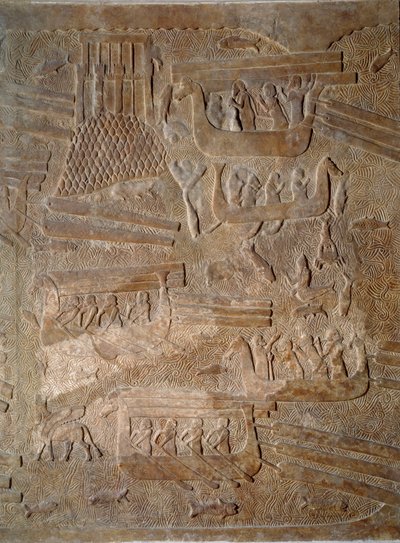 Kunst Mesopotamië (Assyrië): binnenplaats van het paleis van de koning van Assyrië Sargon II (721 - 705 v.Chr.) transport van cederhout uit Libanon. Parijs, Musee Du Louvre door Assyrian