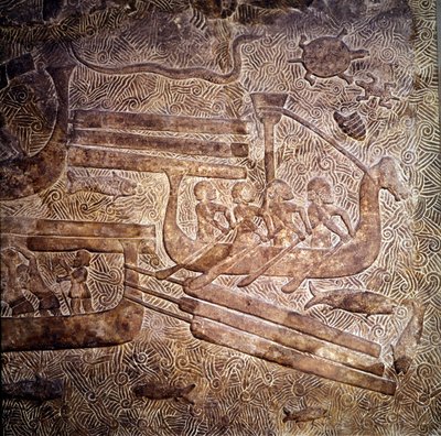 Zee-expeditie: transport van hout uit Libanon langs de Fenicische kust. Een voorstelling van een Fenicisch schip met een enkele rij roeiers. Bas-reliëf van Khorsabad (Khunsabad), 8e eeuw v.Chr. Neo-Assyrische periode (ca. 1000-612 v.Chr.), Mesopotamië. Lou door Assyrian