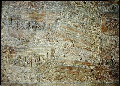 Reliëf dat schepen toont die hout vervoeren, uit het Paleis van Sargon II, Khorsabad, Irak door Assyrian