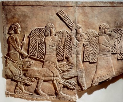 Scène van Ashurbanipal op jacht, uit Koninklijke Paleizen van Nineveh, c.645 v.Chr. (stenen bas-reliëf) door Assyrian