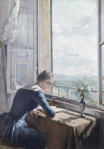 Vrouw die leest bij een open raam door Asta Nørregaard