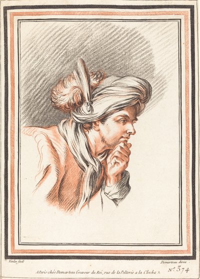 Hoofd van een man met een gevederde tulband door Atelier of Gilles Demarteau the Elder after Carle Van Loo