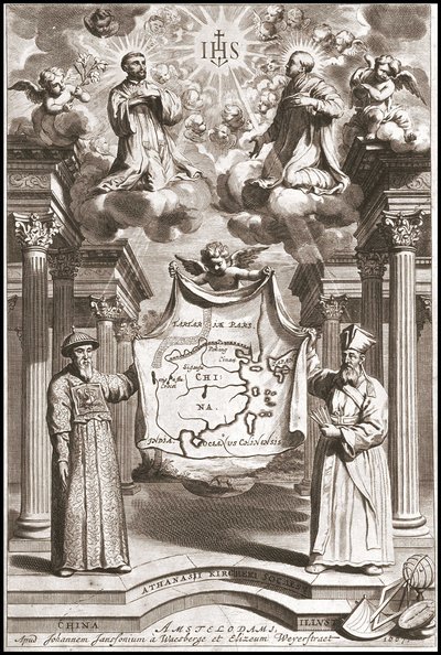 Adam Schall (links) en Matteo Ricci (rechts) in Chinese mandarijnenkostuum, frontispice van 