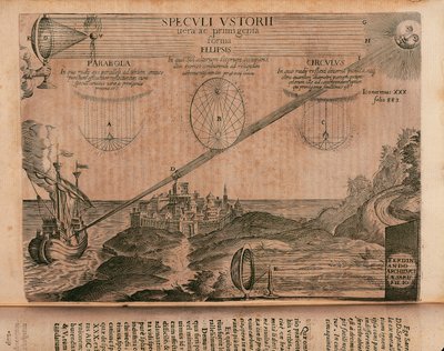 Brandende spiegels van Archimedes, gravure uit Ars magna lucis et umbrae door Athanasius Kircher