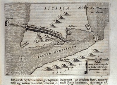Cartografische weergave van Charybdis en Scylla in de Straat van Messina, Sicilië. Gravure uit 