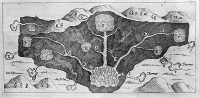 Dwarsdoorsnede van de aardkorst waarmee Athanasius Kircher de oorsprong van de thermale bronnen demonstreert door Athanasius Kircher