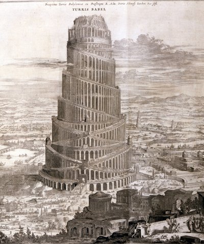 De Toren van Babel. Reconstructie door Athanasius Kircher in zijn werk Turris Babel over deze torenbouw en de geschiedenis van de vroege mensheid door Athanasius Kircher