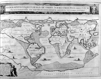 Geografische kaart van de wereld na de zondvloed, 1675 door Athanasius Kircher