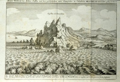 Uitzicht op de rotsen van Charybdis en Scylla in de Straat van Messina, Sicilië. Gravure uit 