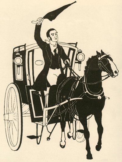De teugels in één hand grijpen en het paard opjagen met zijn paraplu door Athelstan Rusden