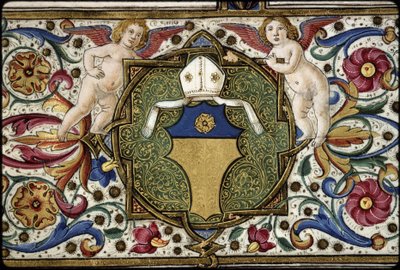 Missaal van Thomas James: detail van het wapen van de commissaris, "Or, on a chief azure a rose Or". door Attavante degli Attavanti