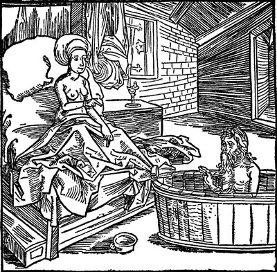 De vrouw en de badende kluizenaar. door attributed to Albrecht Dürer