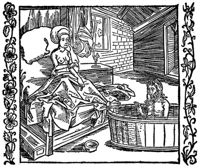 De vrouw en de badende kluizenaar. door attributed to Albrecht Dürer