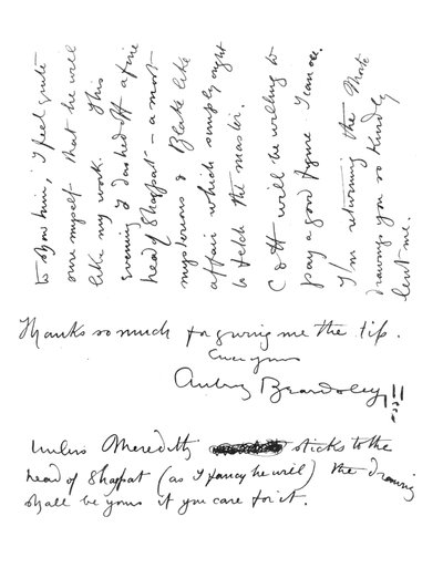 2e pagina van handgeschreven brief aan Frederick Evans, ca. 1893 door Aubrey Beardsley