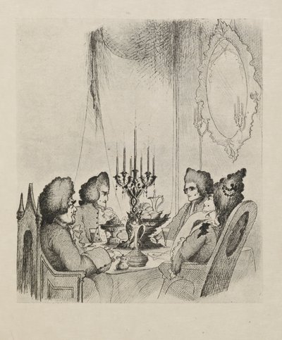 Een scène uit "Madame Lescaut" uit een boek met vijftig tekeningen door Aubrey Beardsley