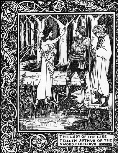 Arthuriaanse Legende: De Dame van het Meer (Vivian fee) leert Arthur over het bestaan van het Excalibur zwaard. Gravure in Le Morte d